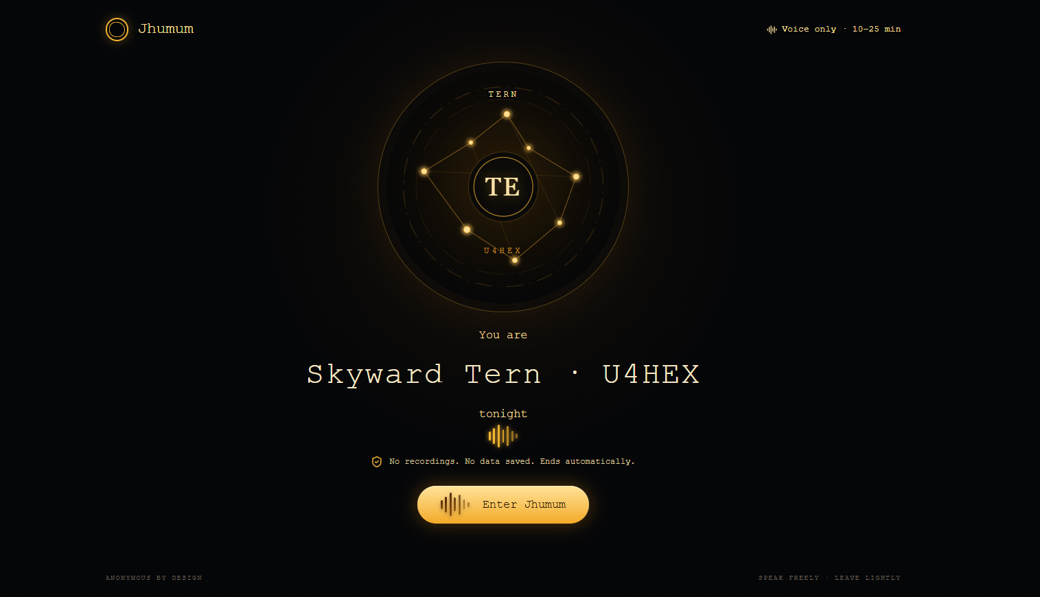 Jhumum anonymous voice application showing a generated identity and call entry screen