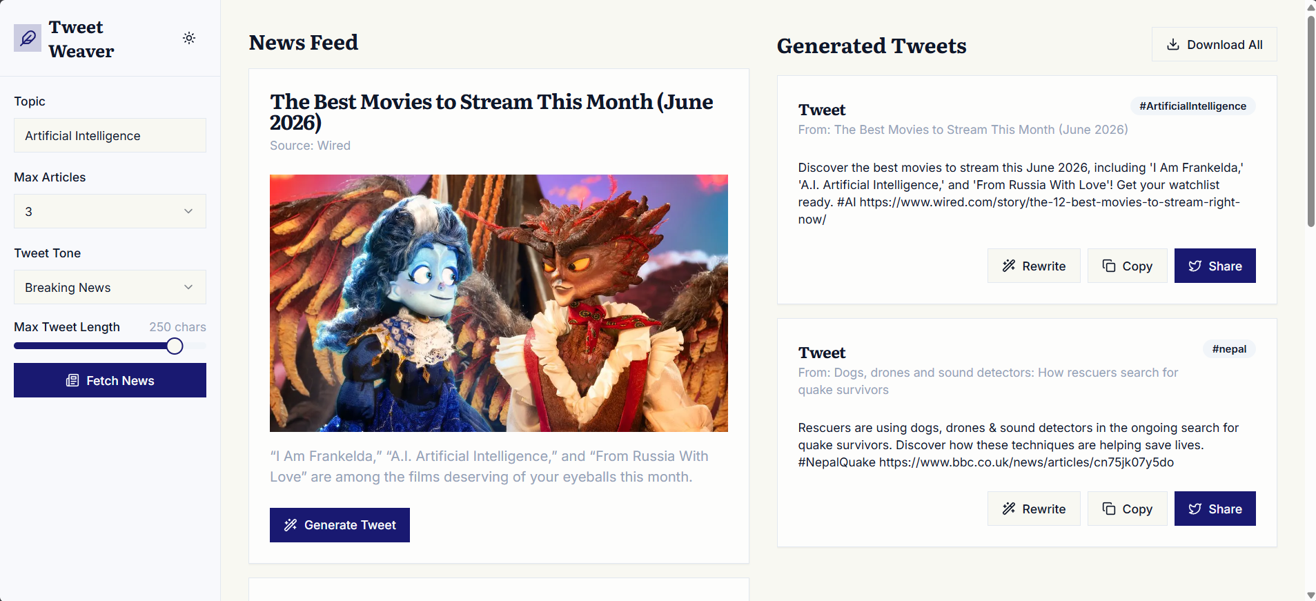 Tweet Weaver interface showing a news feed and AI-generated tweets